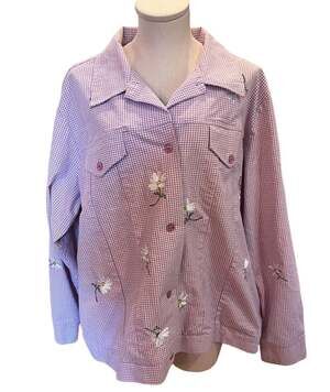 Quacker Factory Sz 1X Gingham Daisies Purple Plaid Embroidered Check Jacket